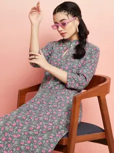 Anouk Floral Printed Striped Thread Work A Line Kurta