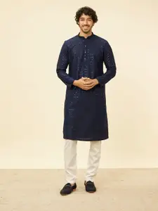 Manyavar Embroidered Regular Sequinned Mandarin Collar Cotton Blend Kurta with Pyjamas