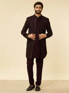Manyavar Embroidered Velvet Kurta With Sherwani And Trousers