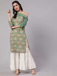 Anouk Floral Printed One Shoulder Cotton Straight Kurta