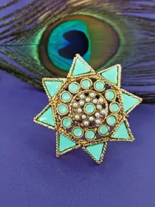 Efulgenz Gold-Plated  Kundan-Studded & Beaded Adjustable Finger Ring