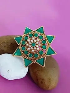 Efulgenz Gold Plated Kundan Studded & Beaded Finger Ring