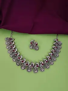Efulgenz Crystals Studded Peacock Shaped Oxidised Necklace With Earrings