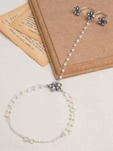 TEEJH Silver-Plated Stones Studded & Beads Beaded Ring Bracelet