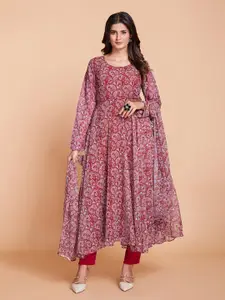 Tulip Eden Ethnic Motifs Printed Round Neck Georgette Kurta With Dupatta