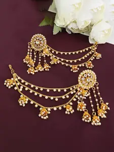 Efulgenz Gold-Plated Crystal-Studded Floral Ear Cuff Earrings with Hair Chain