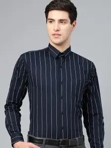 Hancock Comfort Plus Size Vertical Stripes Spread Collar Long Sleeves Cotton Formal Shirt