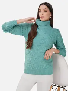 JoE Hazel Cable Knit Self Design Turtle Neck Acrylic Pullover Sweater