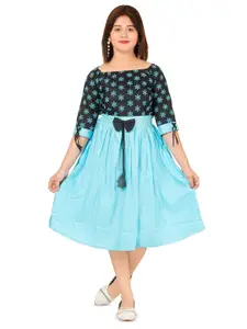 BAESD Girls Floral Printed Boat Neck Three-Quarter Sleeves Fit & Flare Midi Dress