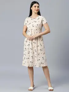 True Shape Floral Printed Round Neck Cotton A-Line Maternity Dress