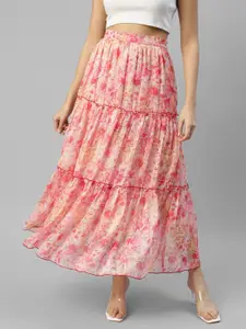 DEEBACO Floral Printed Chiffon Tiered Maxi Skirts