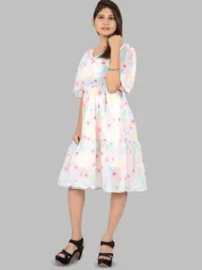 N N ENTERPRISE V-neck Floral Printed Short Flared Sleeves A-Line Dress