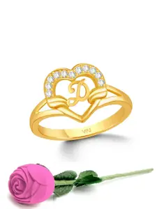 Vighnaharta Gold-Plated Cubic Zirconia-Studded Alphabet D Finger Ring With Rose Box
