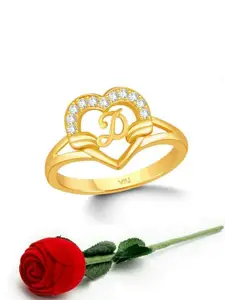 Vighnaharta Gold-Plated Cubic Zirconia-Studded Alphabet D Finger Ring With Rose Box