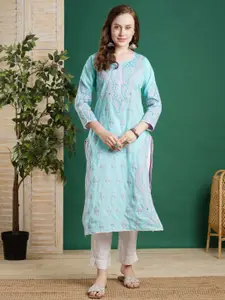 ADA Paisley V Neck Embroidered Chikankari Cotton Straight Kurta