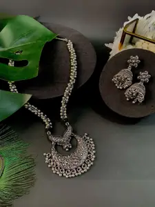I Jewels Silver-Plated Ghungroo Beaded Oxidized Necklace & Earrings