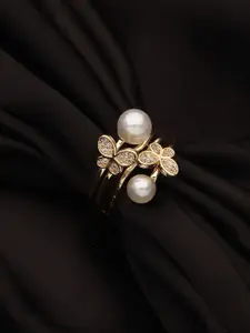 Jazz and Sizzle Gold-Plated Pearl-Studded & Layered Butterfly Adjustable Finger Ring