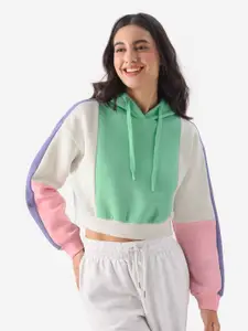The Souled Store Green & White Colourblocked Hooded Crop Pullover Sweatshirt
