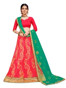 MANVAA Pink & Green Thread Work Semi-Stitched Lehenga & Unstitched Blouse With Dupatta