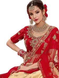 MANVAA Beige & Red Embroidered Thread Work Semi-Stitched Lehenga & Unstitched Blouse With Dupatta