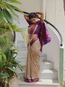 KALINI Beige & Purple Zari Kanjeevaram Saree