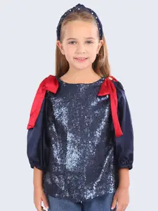 One Friday Girls Sequin Embellished Round Neck With Bow Top