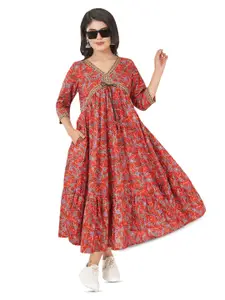 BAESD Floral Printed Cotton Fit and Flare Midi Ethnic Dress