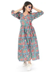 BAESD Floral Print V-Neck Puff Sleeve Gathered Fit & Flare Cotton Casual Midi Dress