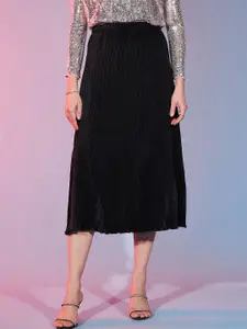 DressBerry Pleated Satin A-Line Midi Skirt