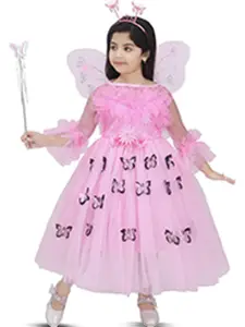 BAESD Girls Floral Print Boat Neck Bell Sleeve Net Fit & Flare Maxi Party Dress