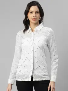 DEEBACO Sheer Embroidered Georgette Casual Shirt