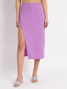 Zastraa Solid Side Slit Straight Midi Skirt With Attached Inner Shorts