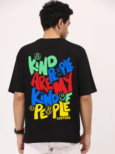 Leotude Typography Printed Drop-Shoulder Sleeves Oversized T-shirt