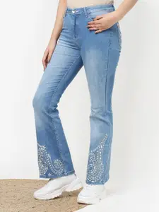 Lakshita Women Jean Flared Fit Embroidered Light Fade Stretchable Denim Jeans