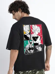 PRONK Black Oversized Printed Cotton Applique Round Neck T-shirt