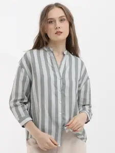 RAREISM Mandarin Collar Slim Fit Opaque Striped Casual Shirt