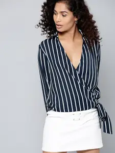 Besiva Women Navy Blue & White Striped Wrap Top