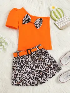 StyleCast Girls Orange & Black One Shoulder Pure Cotton Top With Printed Shorts