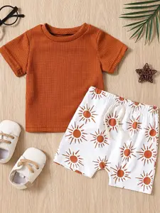 StyleCast Girls Orange & White Self Design Pure Cotton Top With Shorts