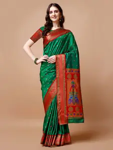 JUST FASHION Green & Red Woven Design Zari Paithani Saree