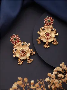 Jazz and Sizzle Gold Plated Stone Studded & Beaded Floral Drop Earrings