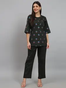 NEWD Ethnic Motif Printed Top with Mid-Rise Trouser