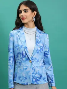 Tokyo Talkies Blue Printed Notched Lapel Collar Single-Breasted Blazer