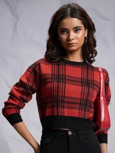 Tokyo Talkies Black & Red Checked Acrylic Crop Pullover