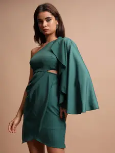 Tokyo Talkies Green One Shoulder Cape Sleeve Cut Out & Pleated Sheath Dress