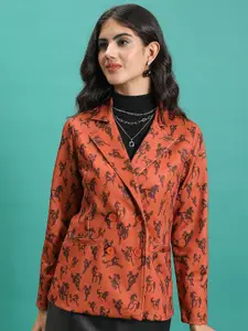 CHIC BY TOKYO TALKIES Orange Coloured Printed Double-Breasted Blazer
