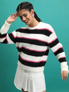 Tokyo Talkies Black Relaxed Fit Striped Fuzzy Acrylic Pullover
