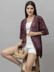 PURYS Floral Printed Tasselled Open Front Shrug