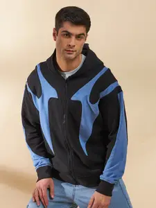FUGAZEE Black & Blue Abstract Printed Hooded Cotton Front-Open Sweatshirt