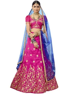 MANVAA Pink & Blue Embroidered Thread Work Semi-Stitched Lehenga & Unstitched Blouse With Dupatta